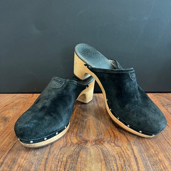UGG Australia Black Suede Leather Studded Wood Heel‎ Platform Clogs Mules - Picture 3 of 16